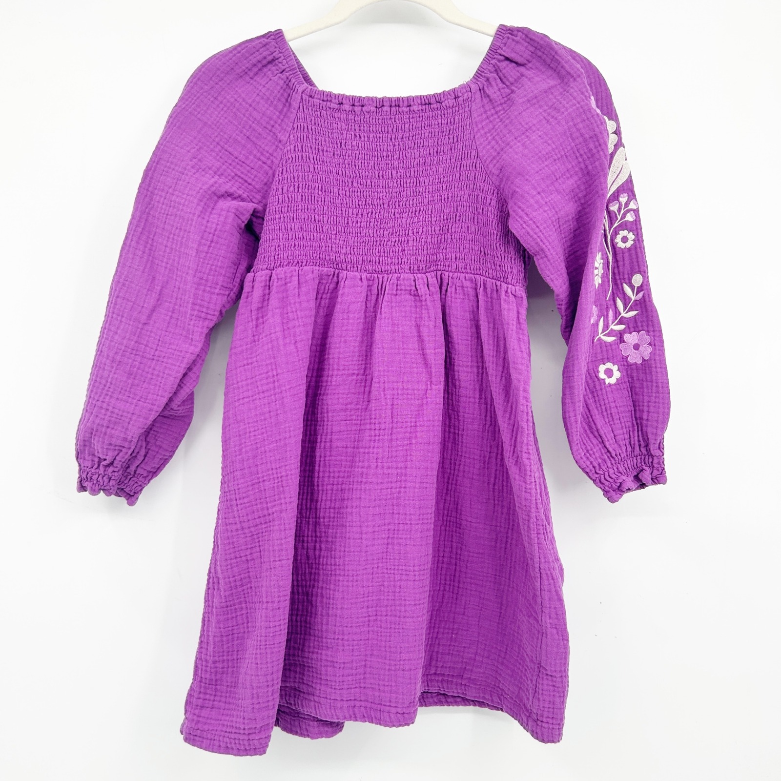 Zac Posen Girls Purple Boho Floral Embroidered Smocked Gauzy Cotton Dress Size M
